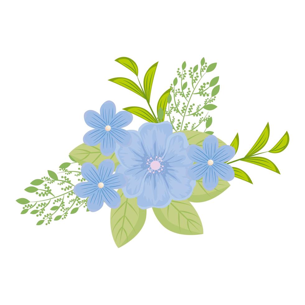 blå blommor med bladvektordesign vektor