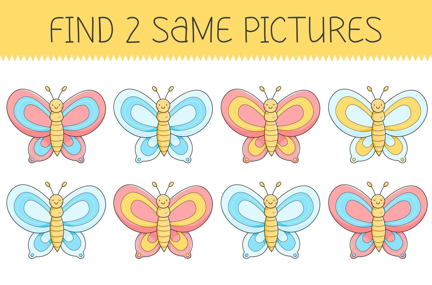 Finde zwei gleiche Bilder ist ein Lernspiel für Kinder mit Schmetterling. niedlicher Cartoon-Schmetterling. Vektor-Illustration. vektor