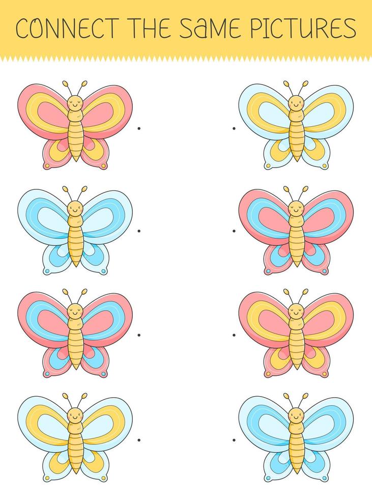 Verbinde das Spiel mit den gleichen Bildern mit einem niedlichen Cartoon-Schmetterling. Kinderspiel mit einem Schmetterling. Vektor-Illustration. vektor