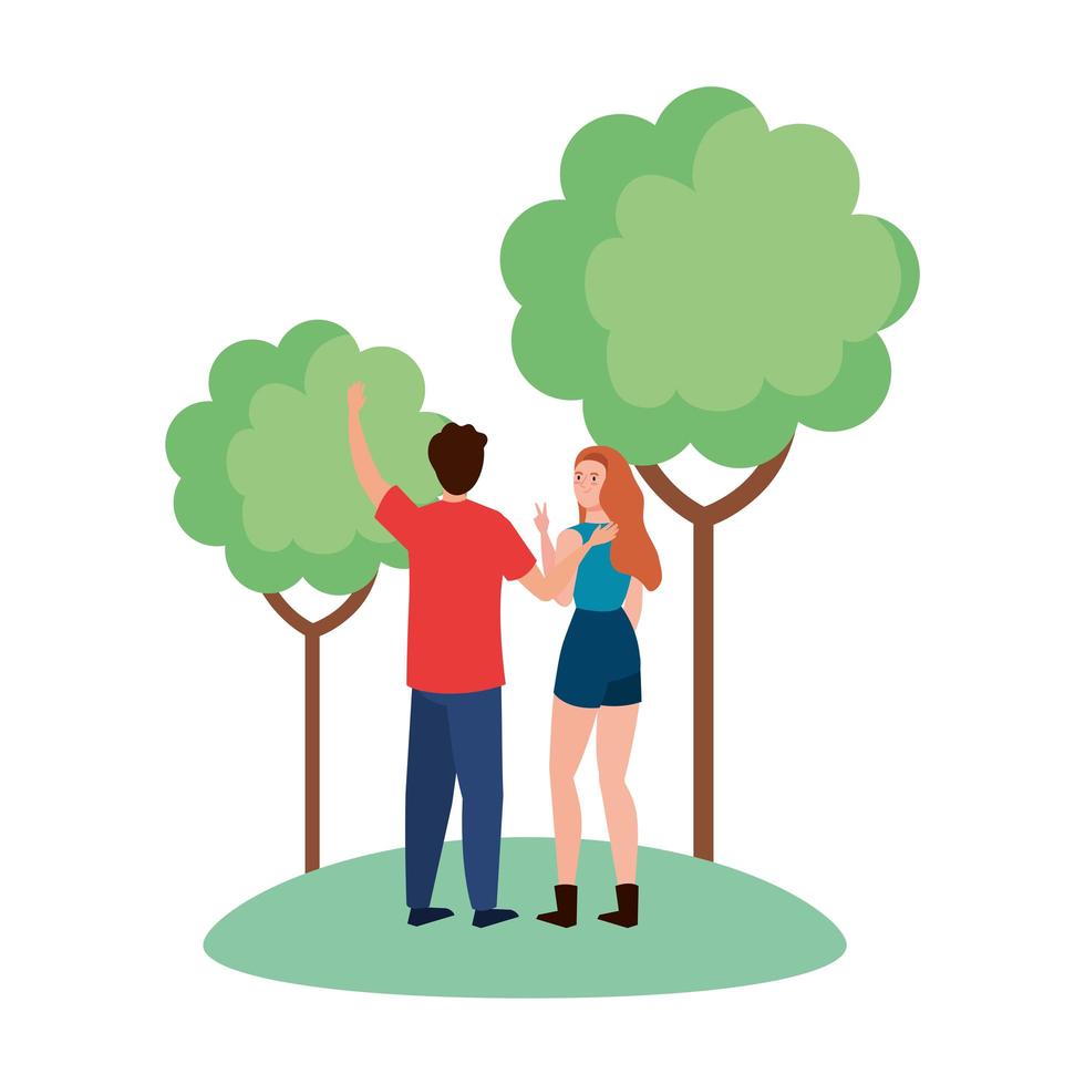 Frau und Mann Avatar rückwärts im Park mit Bäumen Vektor-Design vektor