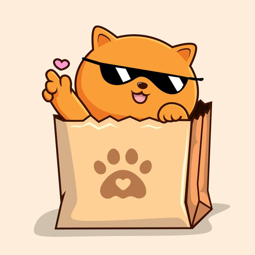 Katze in Papiertüte - niedliche orangefarbene Katze Peekaboo in Einkaufstasche liebt Handpfoten mit Sonnenbrille vektor