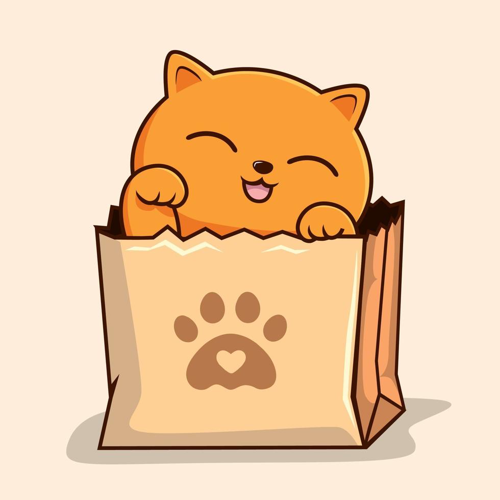 katt i papper väska - söt orange katt Tittut i handla väska vinka hand tassar vektor