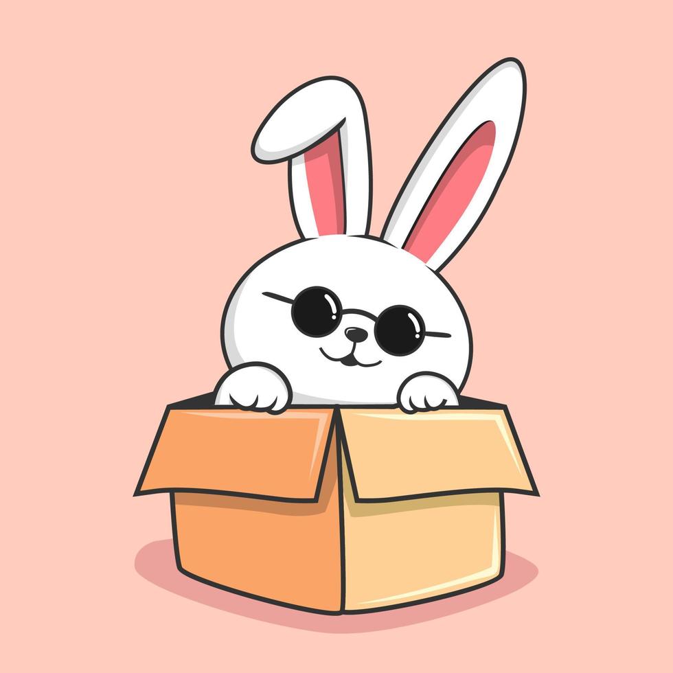 Bunny in the Box Cartoon - süßes Kaninchen mit Liebeshand versteckt sich in der Box mit runder Brille vektor