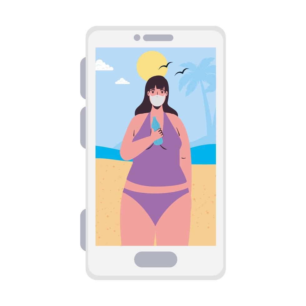 Mädchen mit Bikini und Maske am Strand im Smartphone im Video-Chat-Vektor-Design vektor