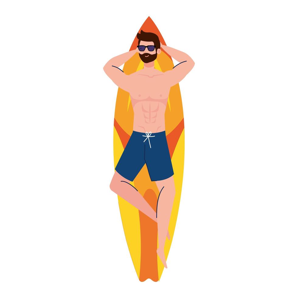 Mann in kurzen Hosen, auf Surfbrett liegend, Sommerferienzeit vektor