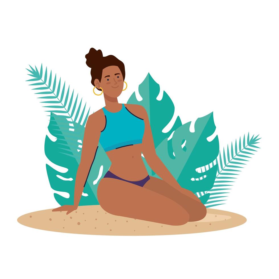 kvinna afro med baddräkt sitter på stranden med tropiska blad dekoration, sommarsemester säsong vektor