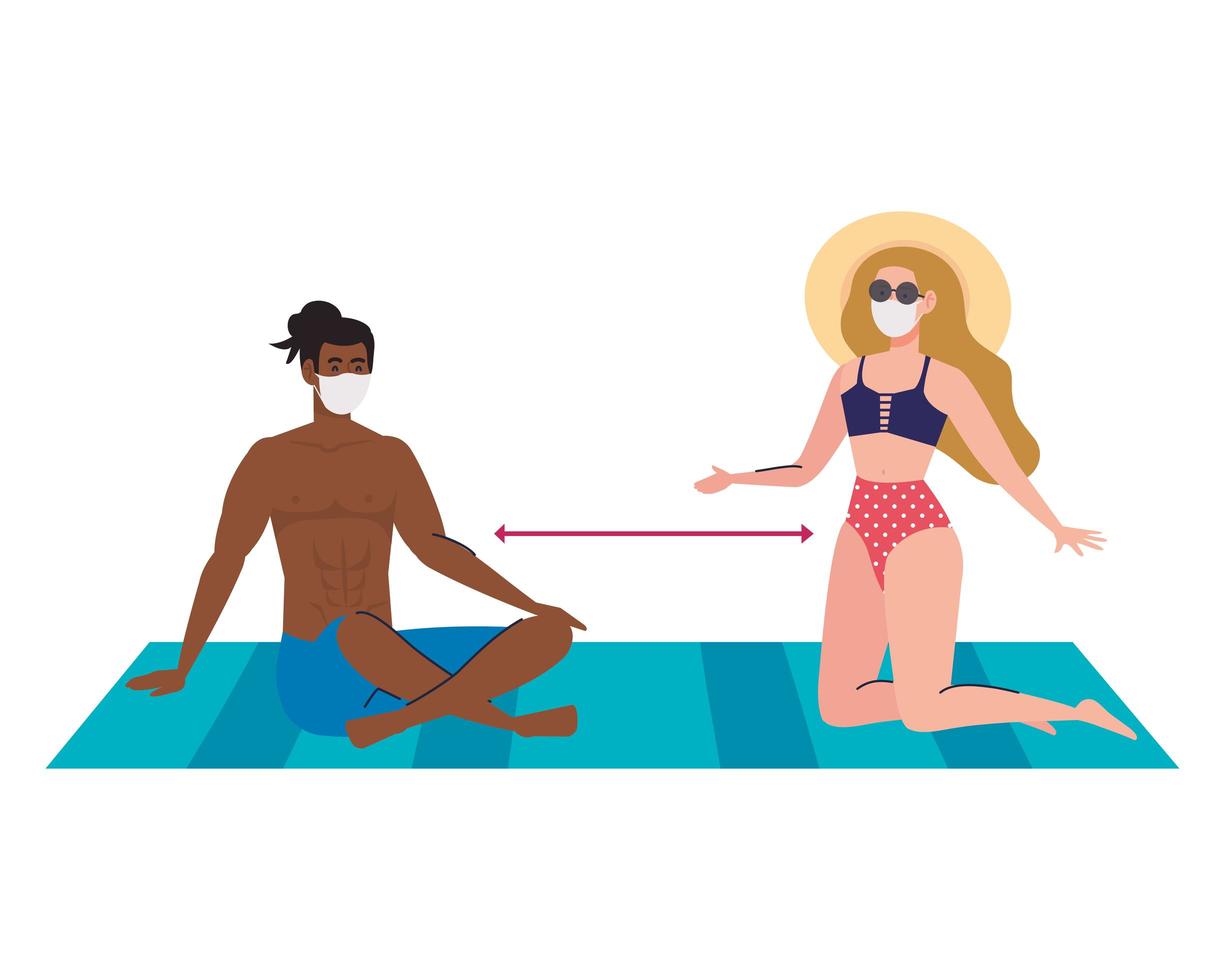 Paar im Badeanzug mit medizinischer Maske, Tourismus mit Coronavirus, Prävention Covid 19 in den Sommerferien vektor
