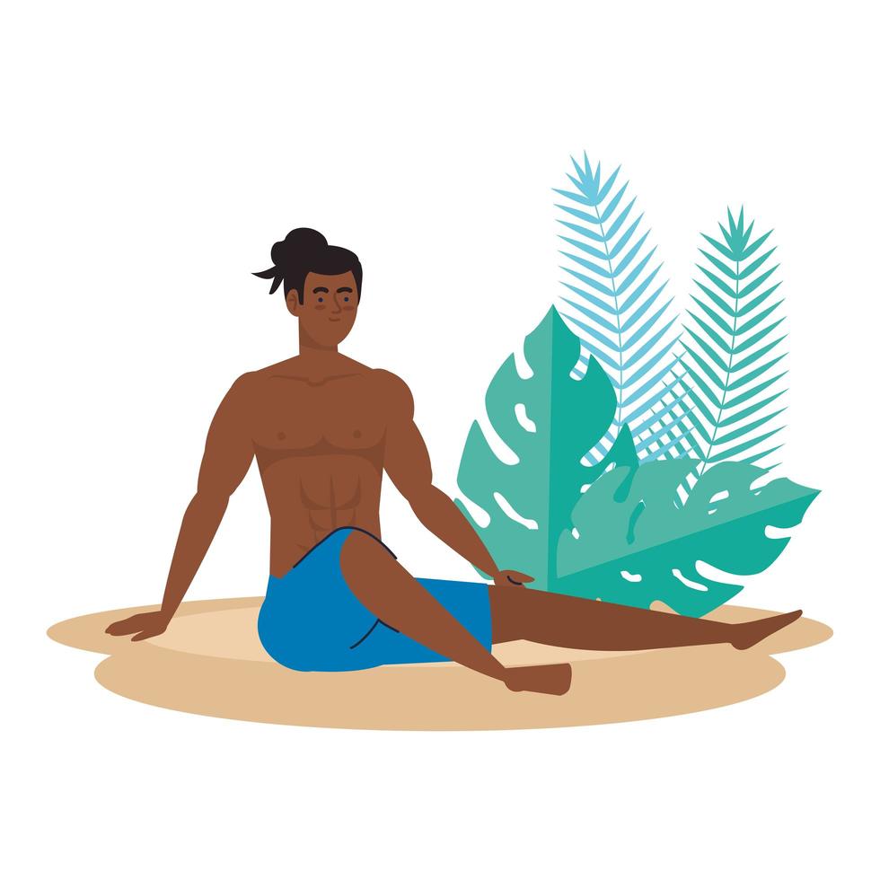 Mann Afro in Shorts sitzen am Strand mit tropischen Blättern Dekoration, Sommerferienzeit vektor