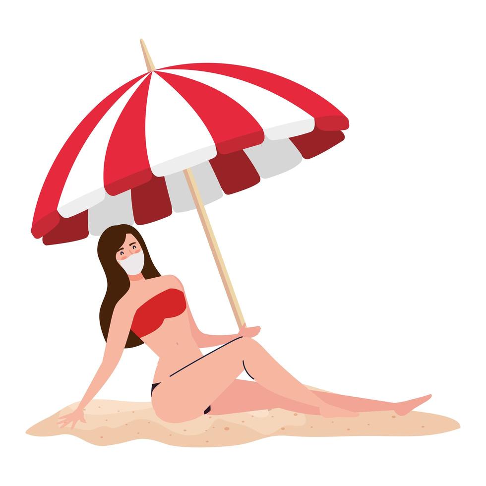Frau mit Badeanzug mit medizinischer Maske, Tourismus mit Coronavirus, Prävention covid 19 am Strand vektor