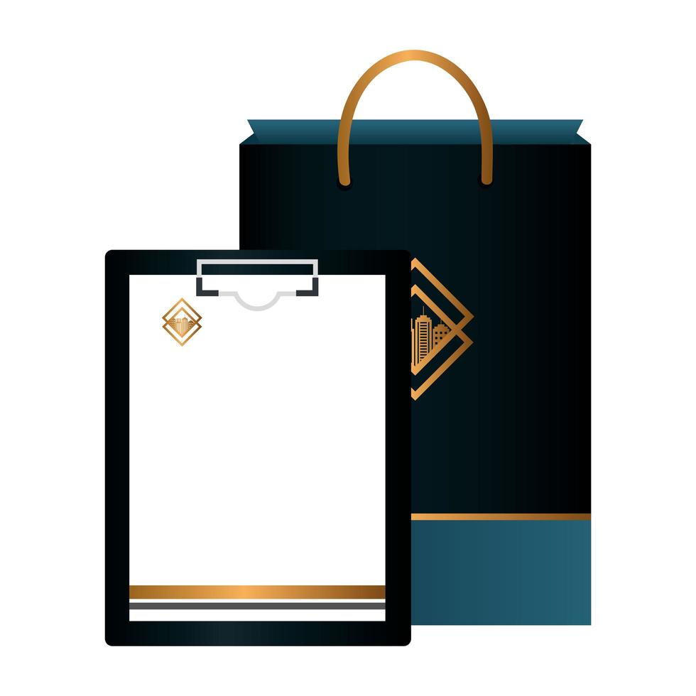 Mockup Bag Papier, Zwischenablage und Dokument mit goldenem Zeichen, Corporate Identity vektor