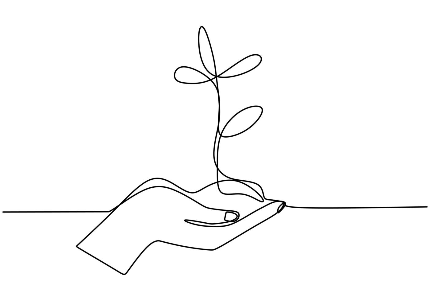 hand som håller växtens kruka. kontinuerlig en linje ritning av tillbaka till naturtema. vektor