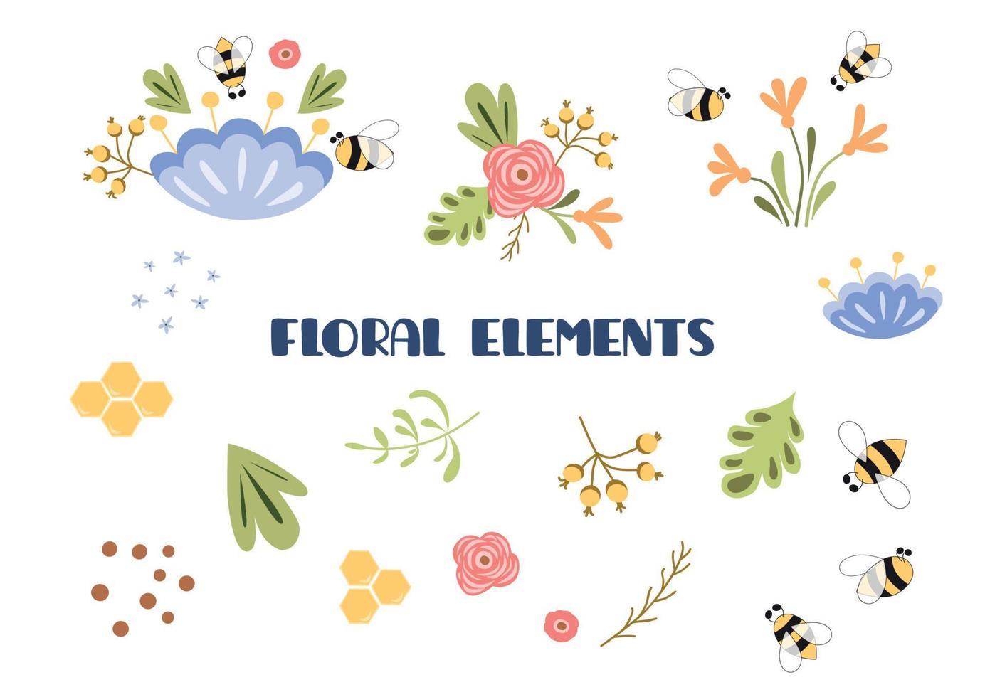 blommig element uppsättning. sommar klämma konst. söt hand dragen samling av blommor, löv, växter, insekter, bi, honung isolerat på vit. skön spa illustration för dekoration kort, grafik, banderoller. vektor