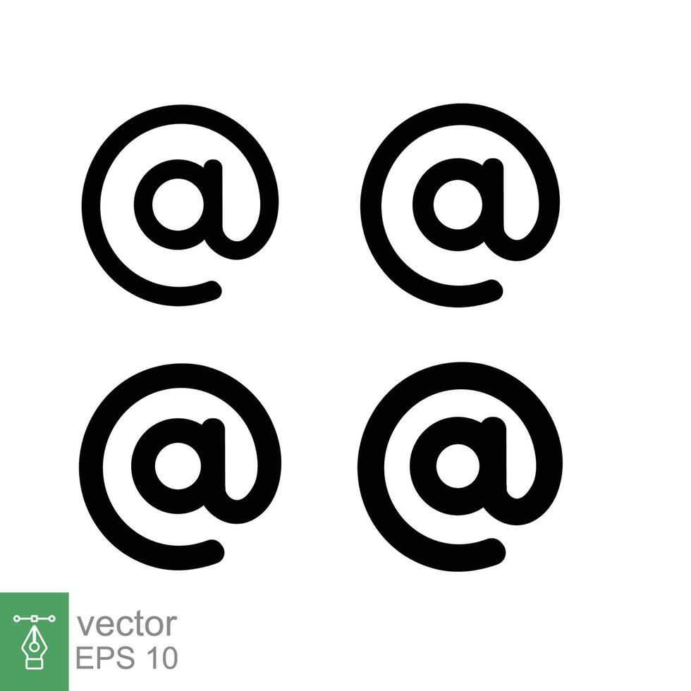 Arroba-Zeichen-Icon-Set. E-Mail-Adresssymbolkonzept mit unterschiedlichen Linienstärkestilen. Vektorillustrations-Designsammlung lokalisiert auf weißem Hintergrund. Folge 10. vektor