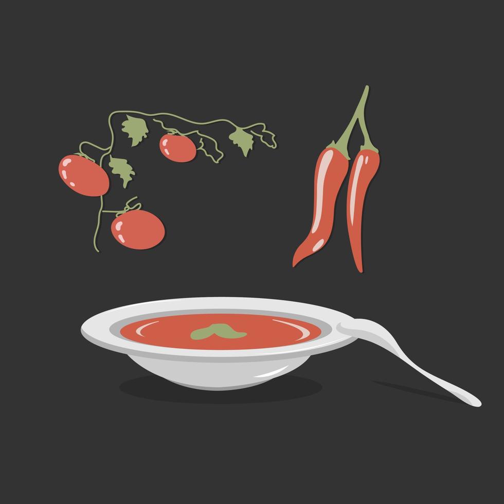 Teller Suppenpüree mit Zutat aus frischem Gemüse. Cremesuppe mit Tomaten, Paprika und Basilikum. Vektor-Illustration vektor