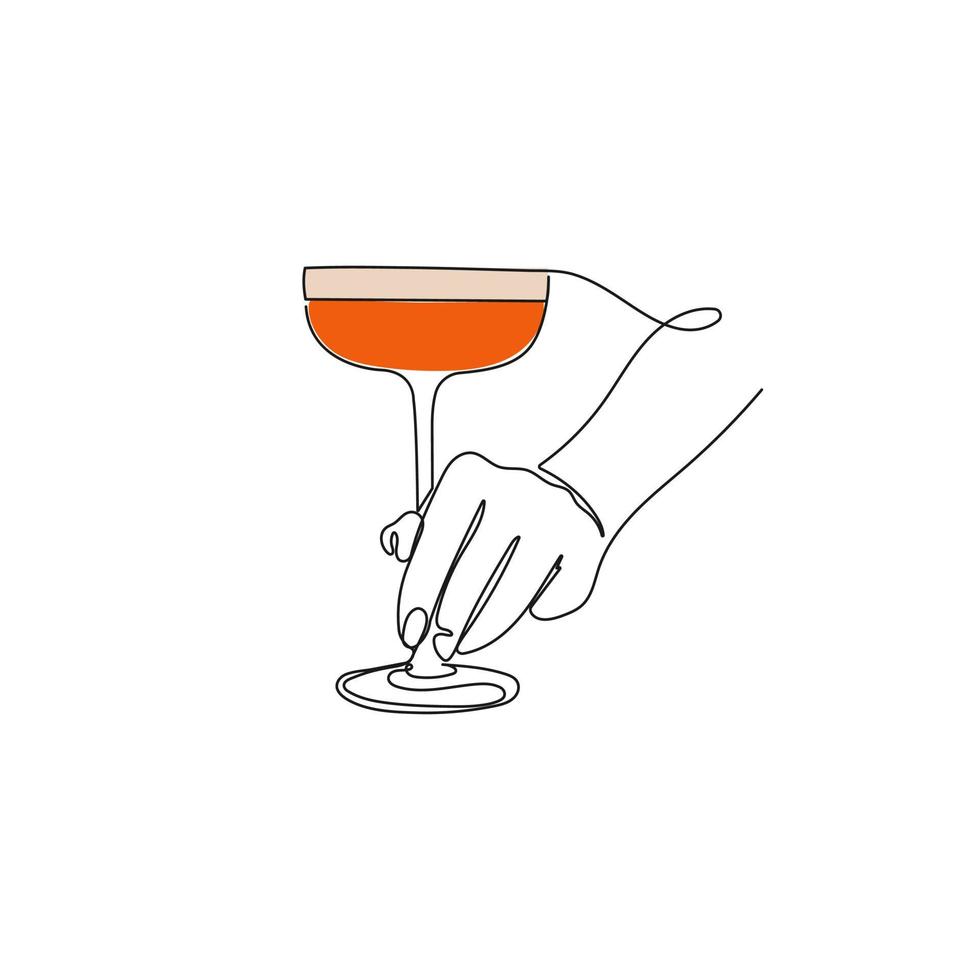 hand innehav en glas med cocktail. ett kontinuerlig linje. hand dragen vektor illustration.