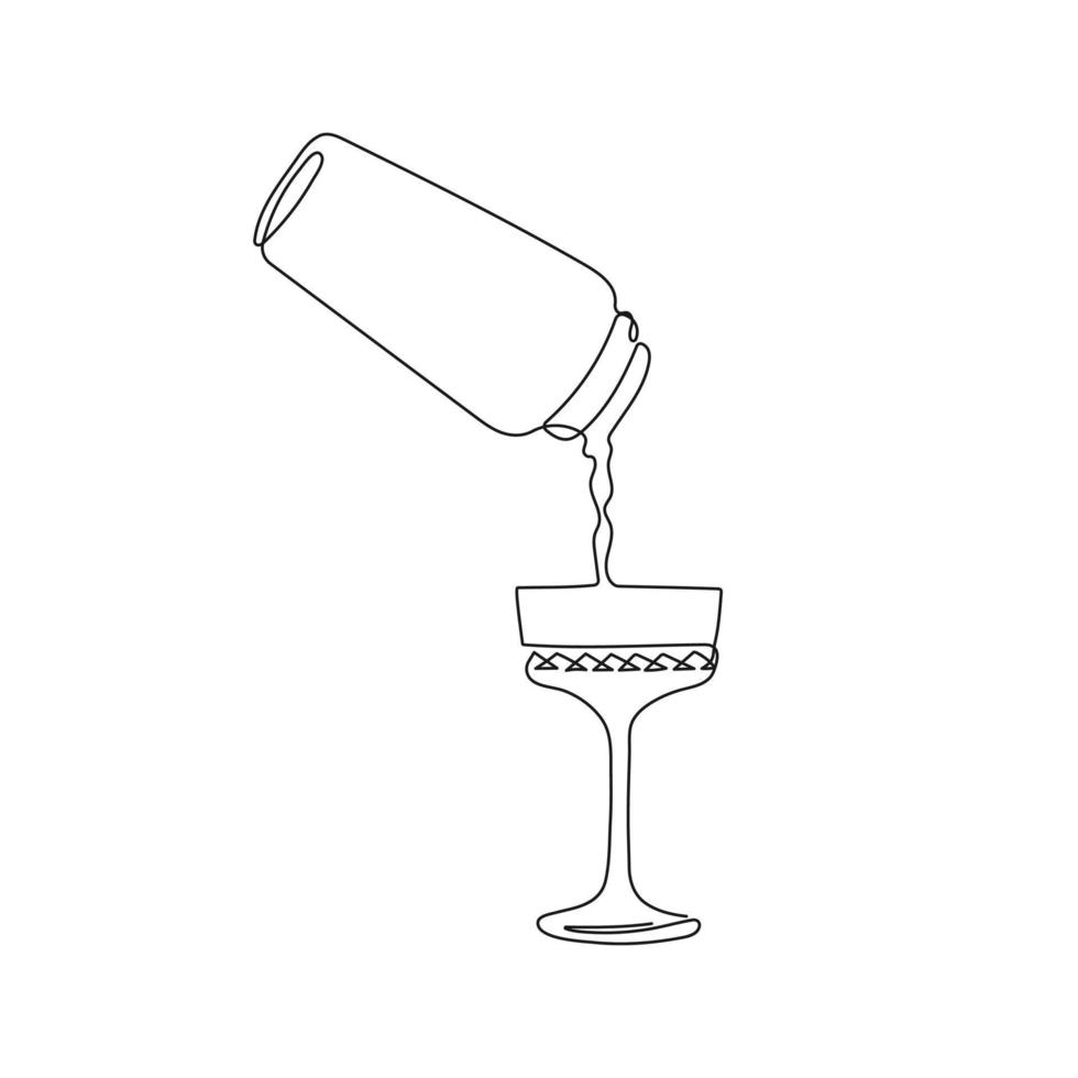 häller dryck från shaker till glas. ett linje teckning. anstränga dryck in i glas. hand dragen vektor illustration.