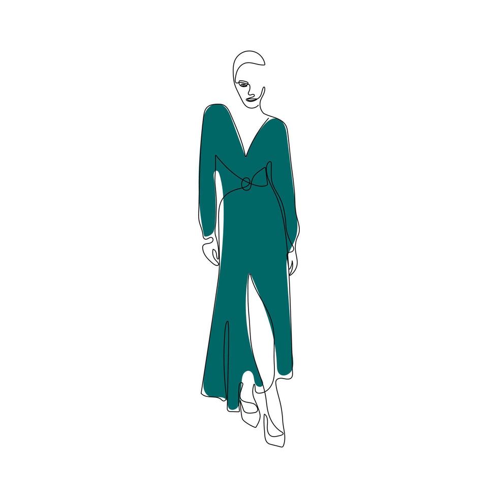 modell flicka bär lång, färgad klänning. ett linje teckning stil. kvinna i elegant klänning stående utgör. mode hand dragen vektor illustration.