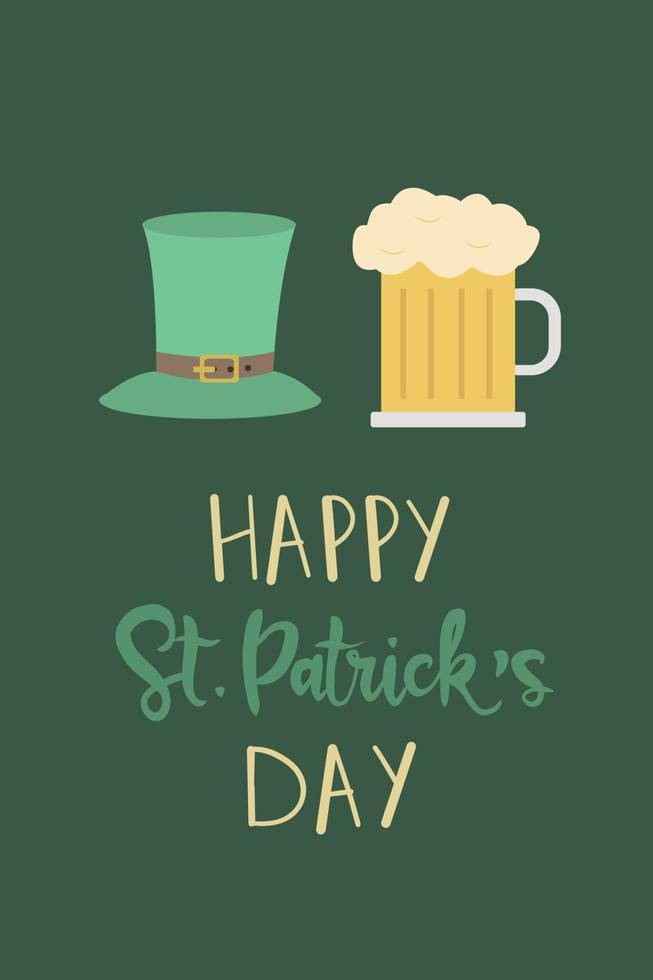st. Patricks-Day-Grußkarte. feierbeschriftung mit koboldhut und bier. vektor