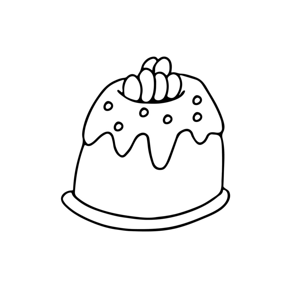 påsk kaka dekorerad med liten ägg, glasyr och gelé bönor i klotter stil. enda bild för påsk hälsning kort. hand dragen vektor illustration i svart bläck. isolerat översikt.