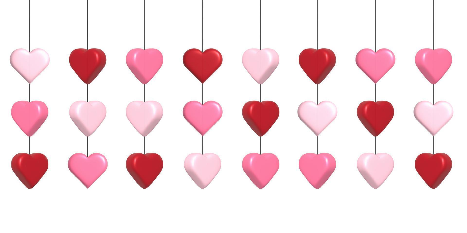 Lycklig helgon hjärtans dag kort, hängande rosa och röd 3d hjärtan. lång baner rubrik mall. vektor