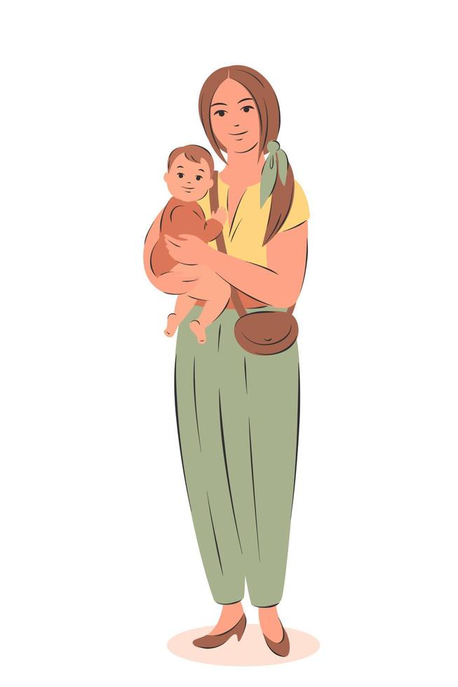modern kvinna innehav bebis i henne vapen. graviditet och amning begrepp. vektor illustration.