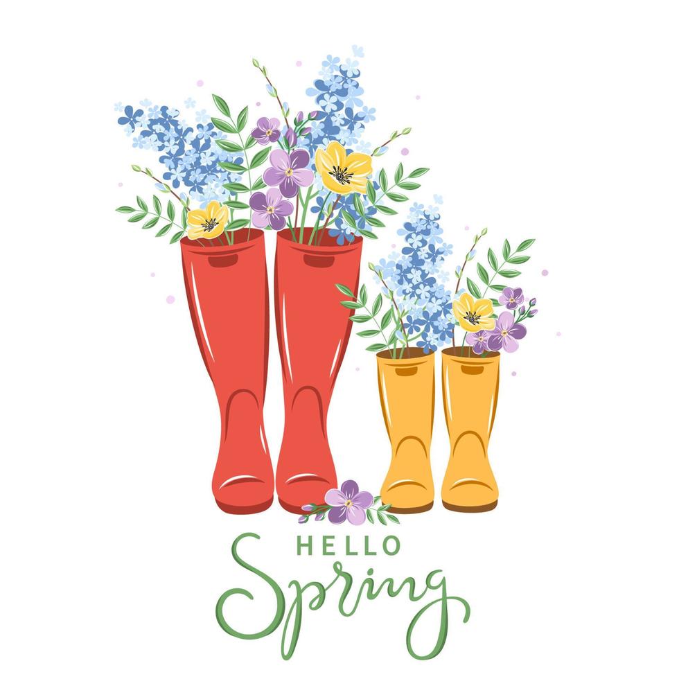 Hej vår text. söt wellies stövlar med vår blommor. trädgård växter. vektor illustration.