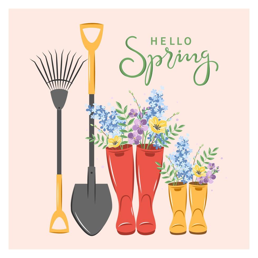 Hallo Frühlingstext. süße Gummistiefel mit Frühlingsblumen und Gartengeräten. Vektor-Illustration. vektor