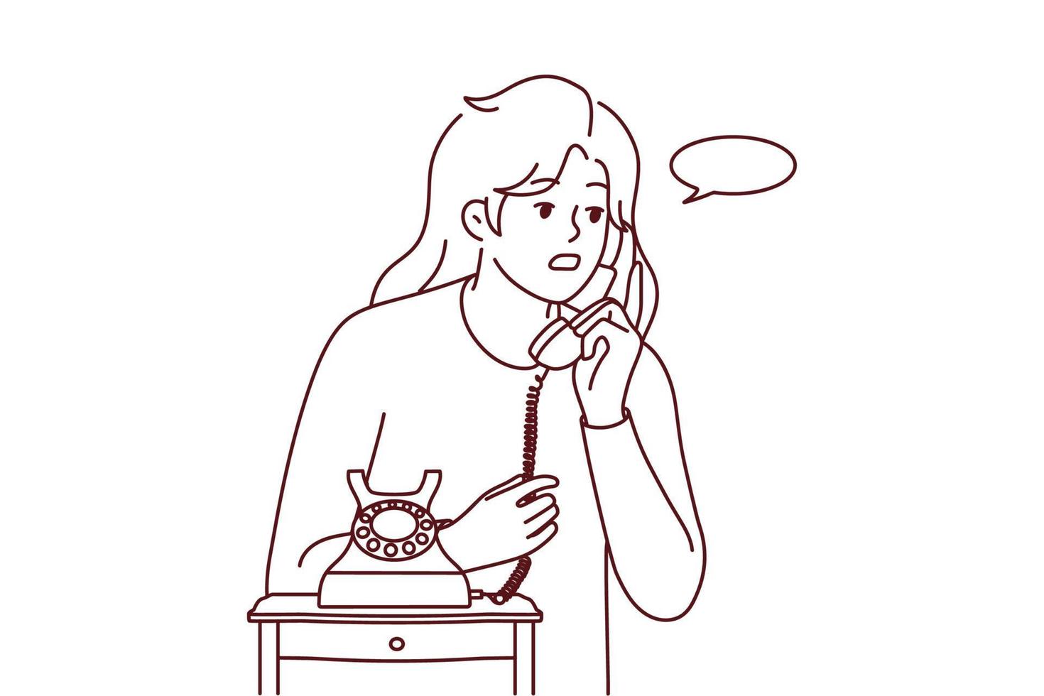 ung kvinna tala på gammal sladdad telefon på Hem. kvinna ha konversation på fast telefon telefon. kommunikation och ringa upp. vektor illustration.