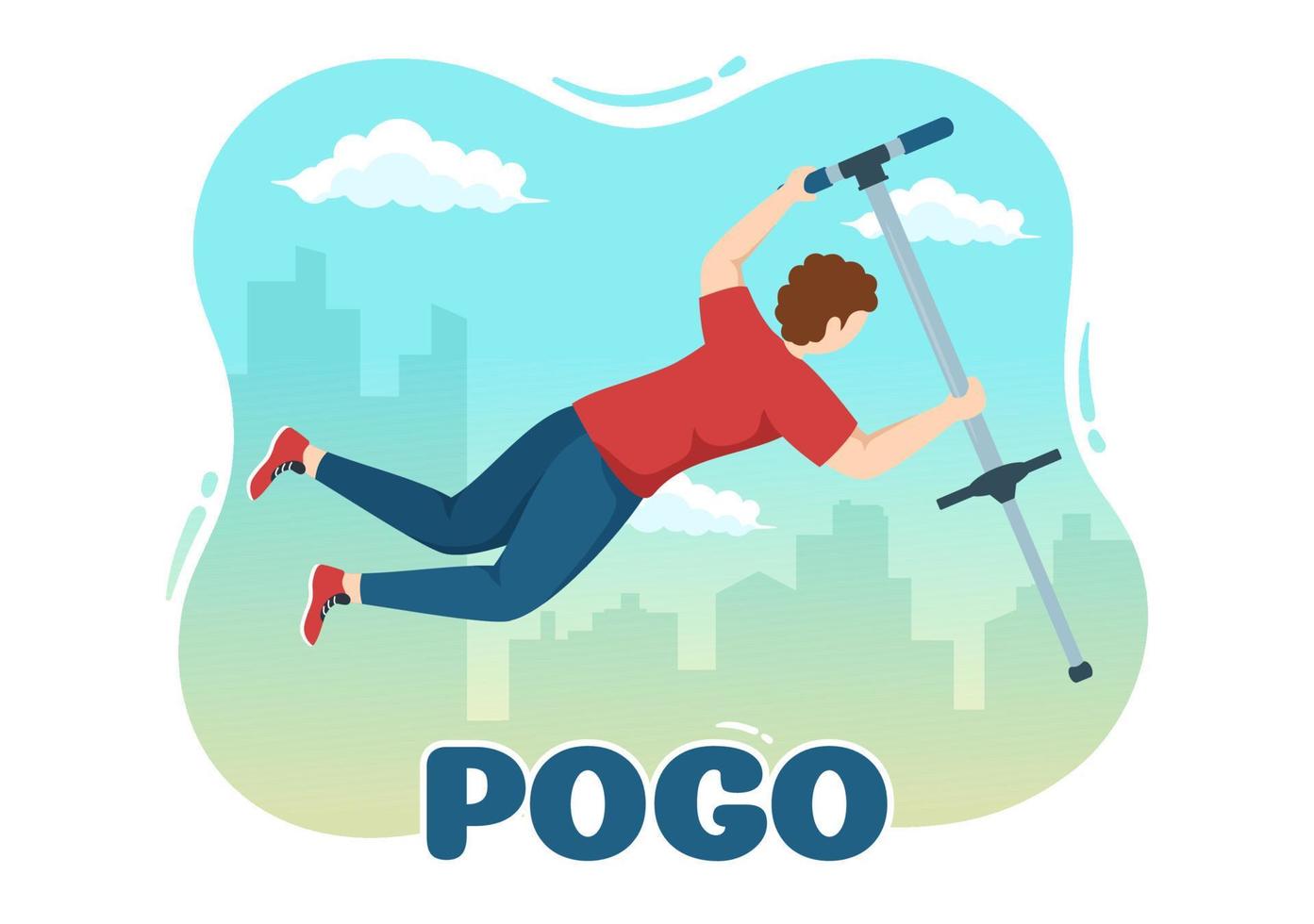 leute, die mit sport spielen, springen pogo-stick-illustration für web-banner oder zielseite in handgezeichneten vorlagen für spaßspielzeug im freien vektor