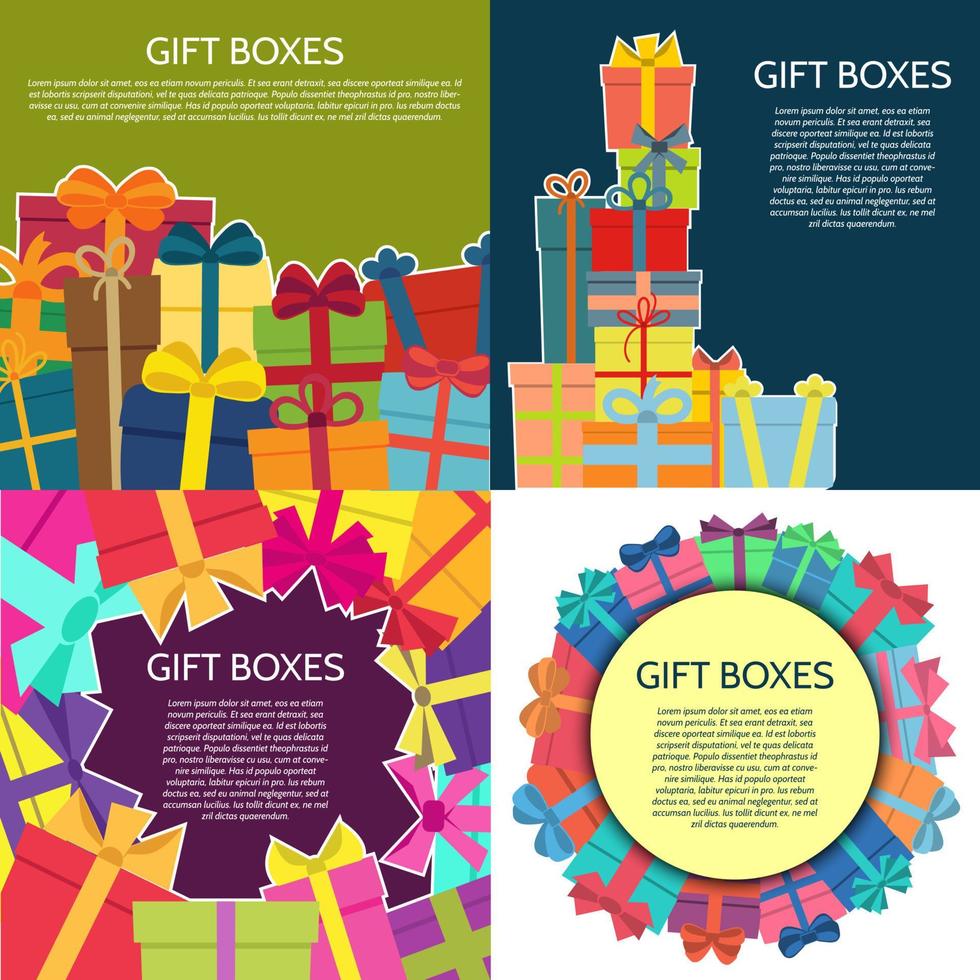 uppsättning av fyra bakgrunder med en färgrik gåva lådor. vektor illustration.