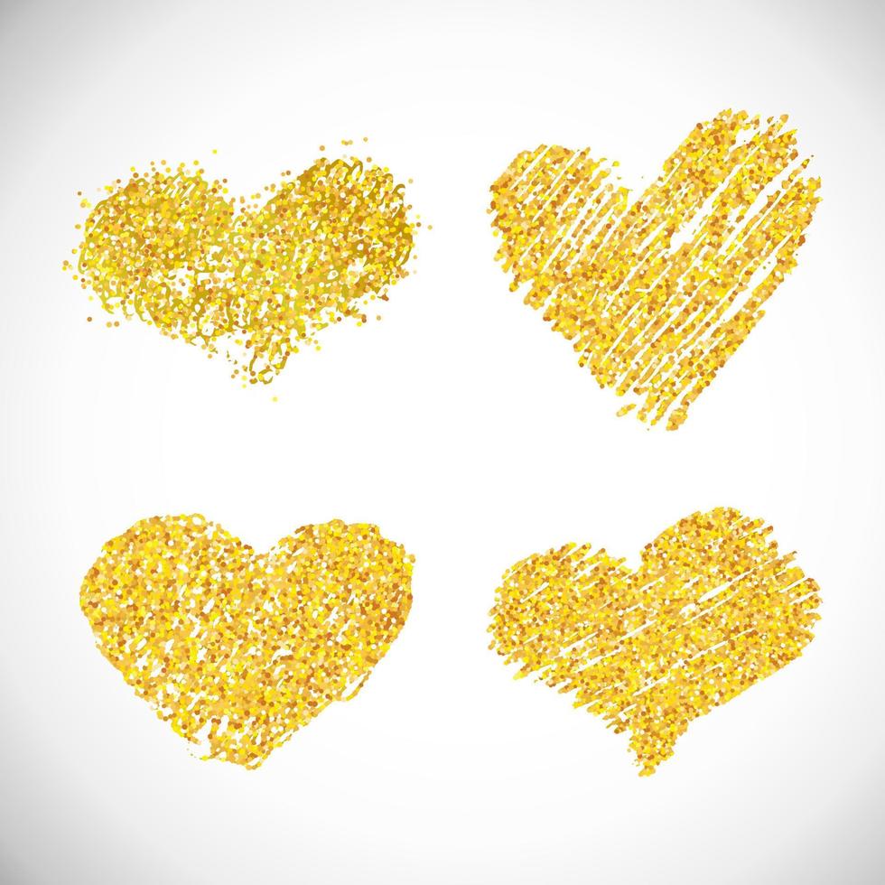 Satz von vier handgezeichneten goldenen Glitzerherzen. Symbol der Liebe. Vektor-Illustration vektor