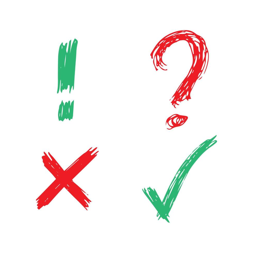 handgezeichnete scheck-, kreuz-, fragezeichen- und ausrufezeichensymbole. Satz von vier grünen und roten Skizzensymbolen. Vektor-Illustration vektor