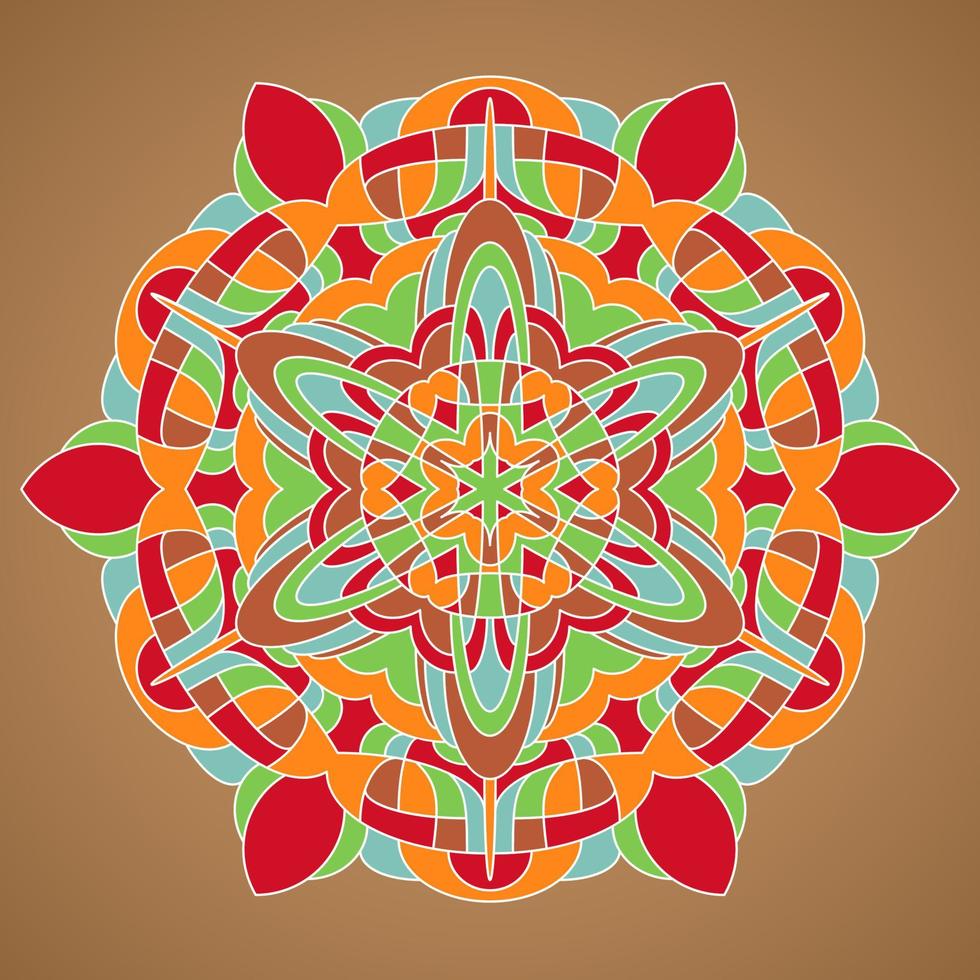 mehrfarbiges Vektormandala. Mandala-Vektor für Kunst, Malbuch, Zendoodle. Kreis abstraktes Objekt isoliert auf braunem Hintergrund. vektor