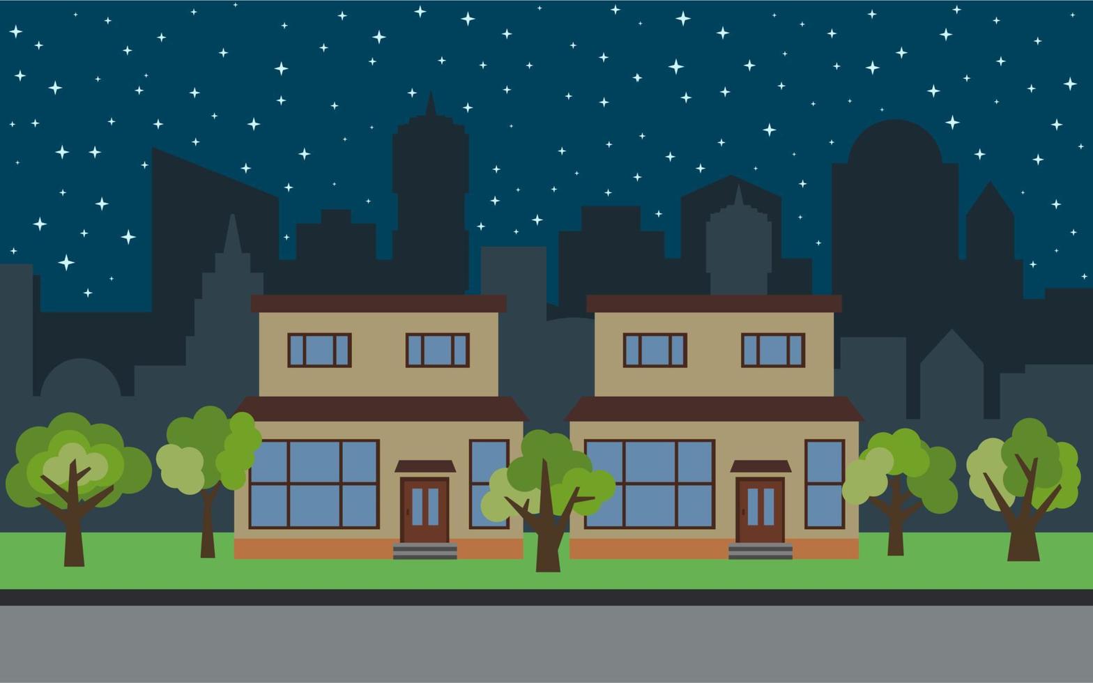 vektor stad med två tvåvånings tecknad serie hus och grön träd på natt. sommar urban landskap. gata se med stadsbild på en bakgrund