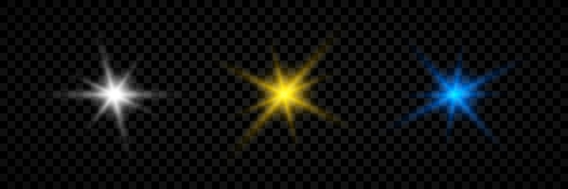 ljus effekt av lins bloss. uppsättning av tre vit, gul och blå lysande lampor starburst effekter med pärlar . vektor illustration