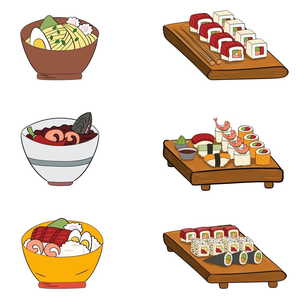 Sushi-Set auf einem Brett, Tom Yam, Ramen, Poke Bowl. Vektorillustration auf weißem Hintergrund. vektor