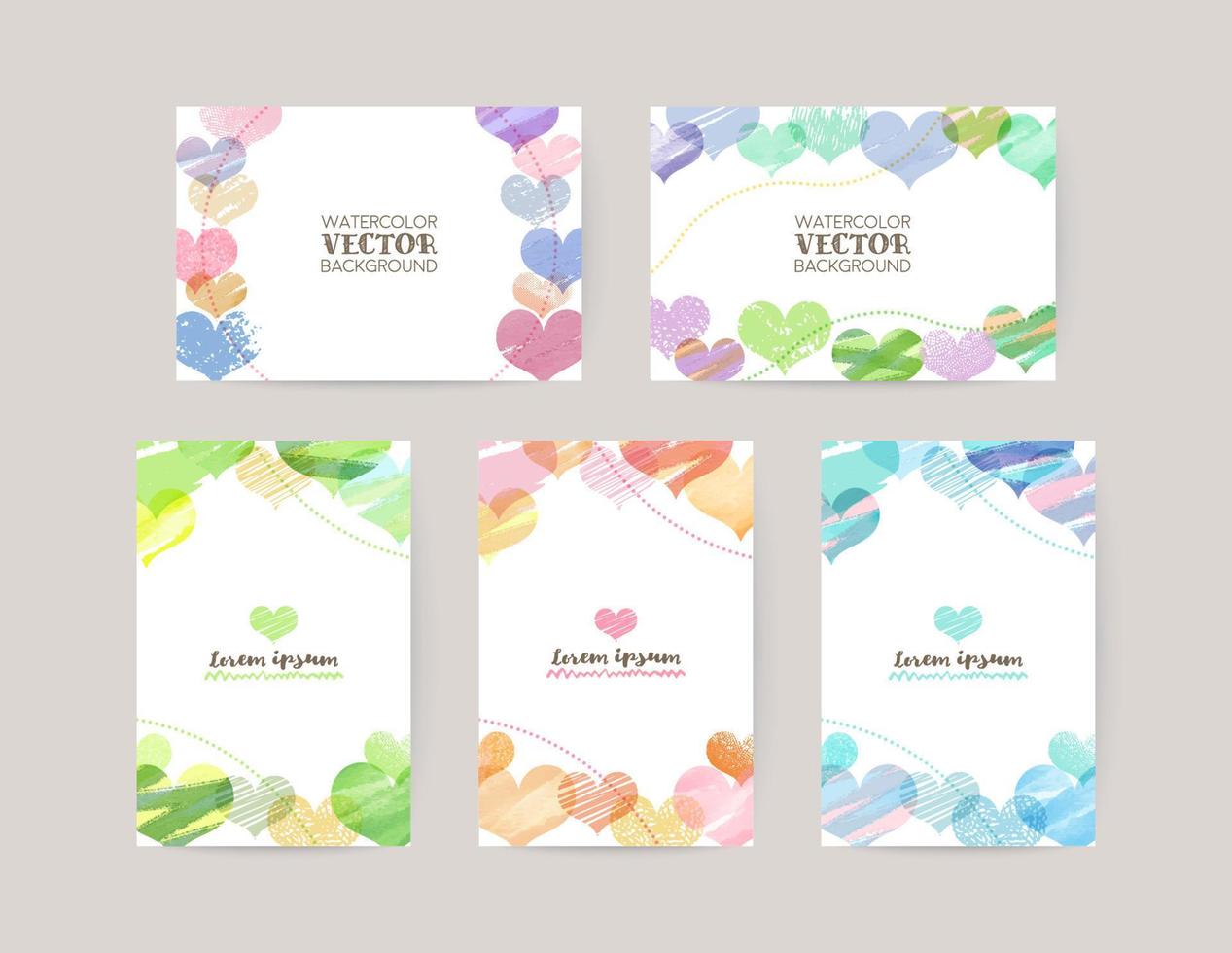 vektor kort design mall med färgrik hjärtan, vattenfärg dekoration på vit bakgrund uppsättning