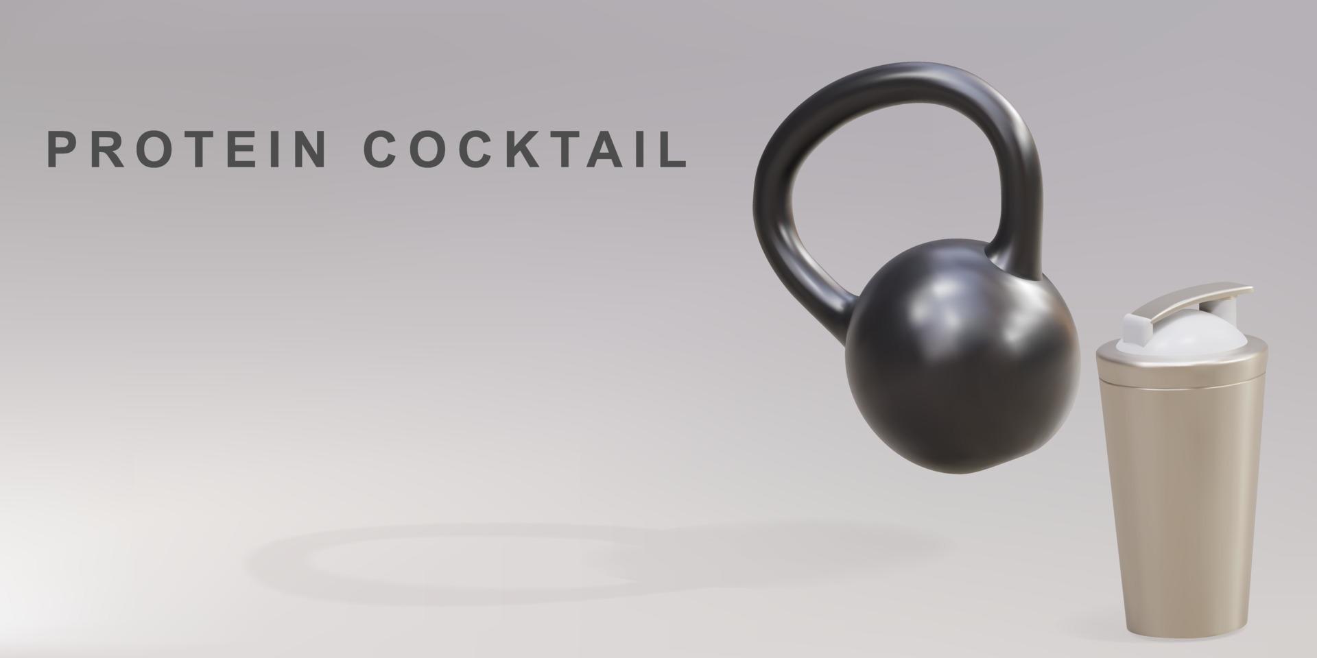 3D goldener Shaker und Kettlebell - Protein-Cocktail-Konzept. Vektor-Illustration. vektor