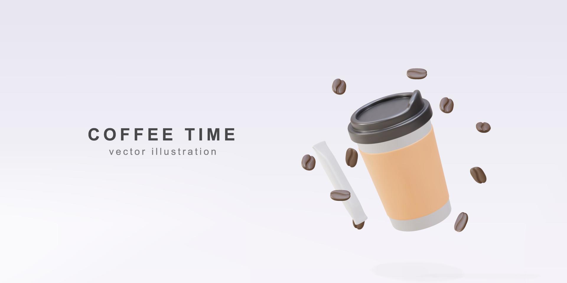 3d baner med realistisk papper kaffe kopp, pinne socker och kaffe bönor. vektor illustration.