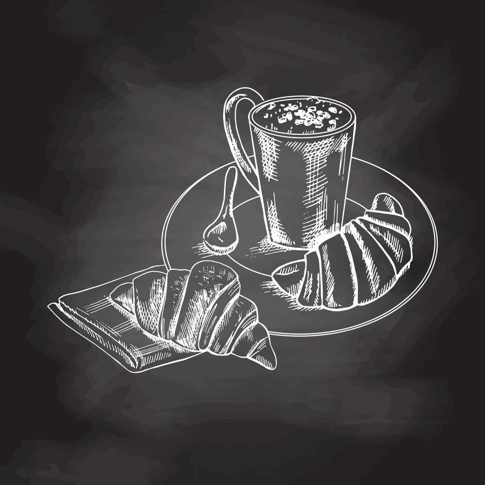 vektor handgezeichnete illustration einer tasse kaffee mit croissants, einem löffel auf einem teller. Tafelhintergrund, weiße Zeichnung. Skizzensymbol und Backelement.