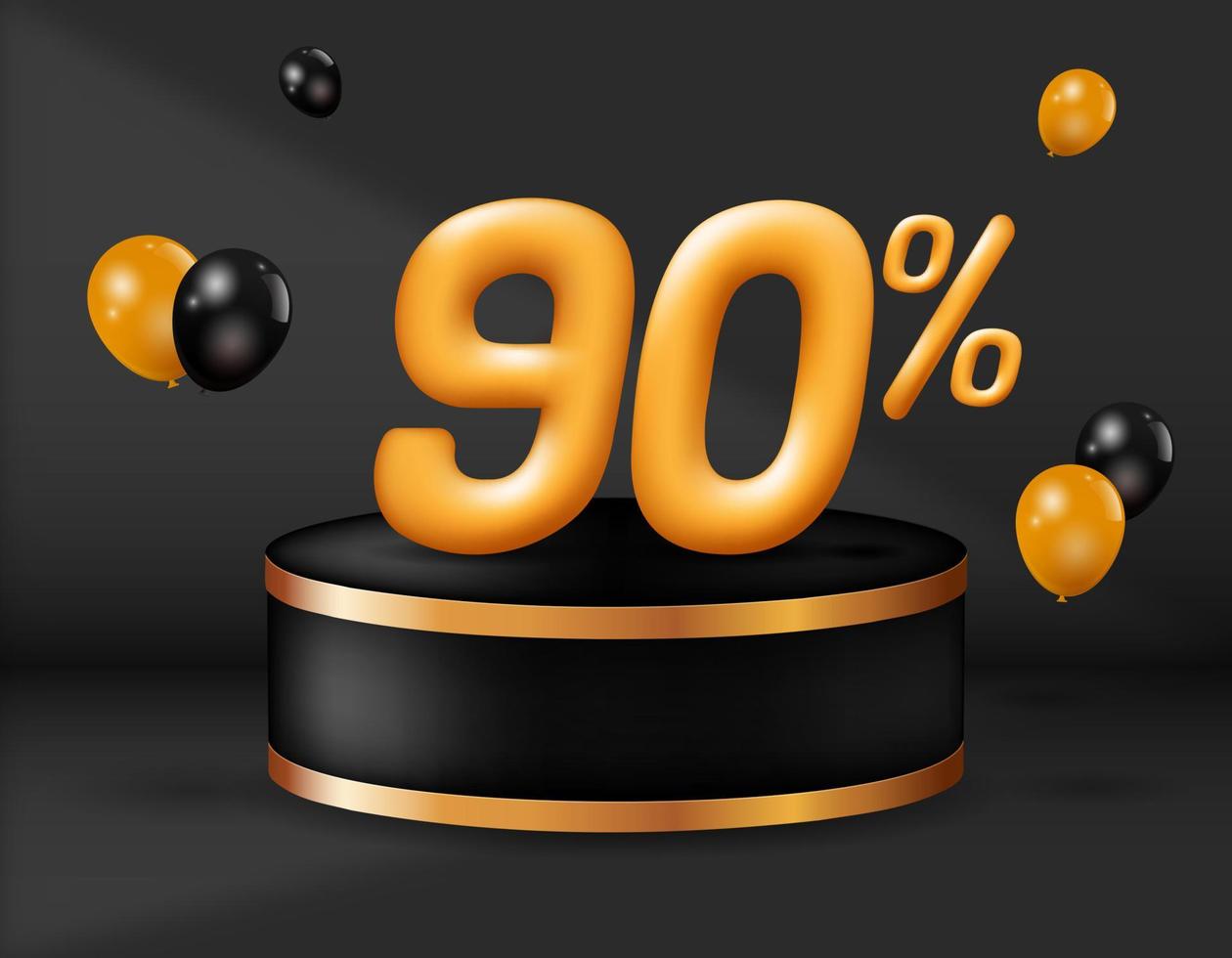 särskild försäljning 90 procent av. realistisk gyllene 3d siffra med podium dekoration och ballonger isolerat på svart bakgrund. vektor illustration