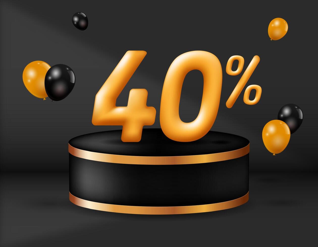 särskild försäljning 40 procent av. realistisk gyllene 3d siffra med podium dekoration och ballonger isolerat på svart bakgrund. vektor illustration