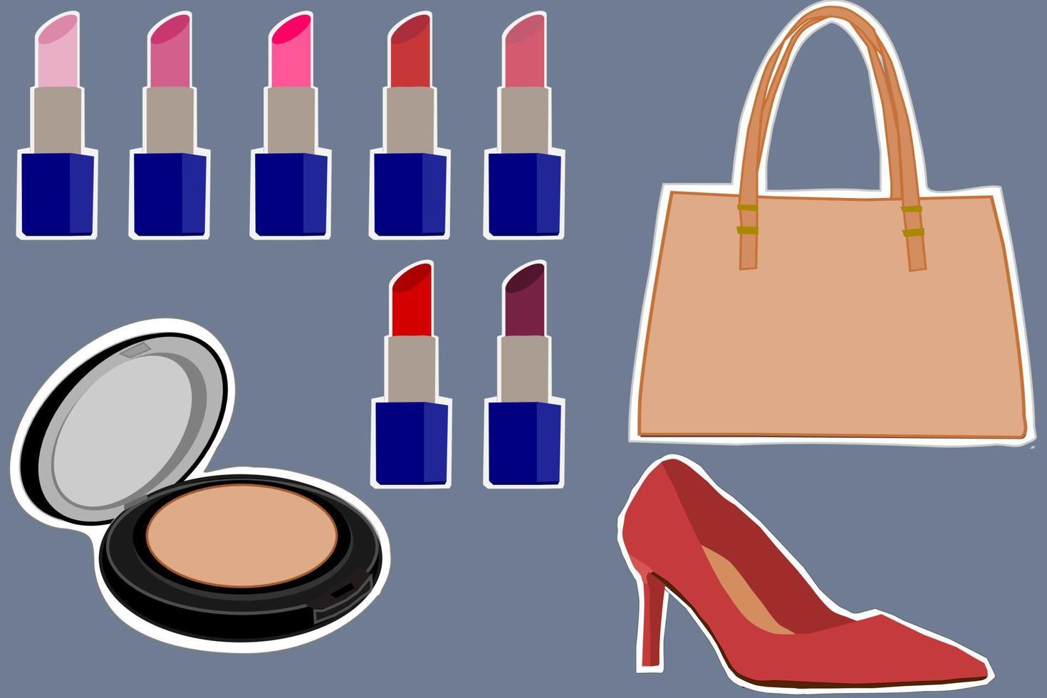 Kosmetik-Lippenstift-Grundierungspuder kompakter Schuhbeutel-Damenaufkleber-Vektorsatz vektor