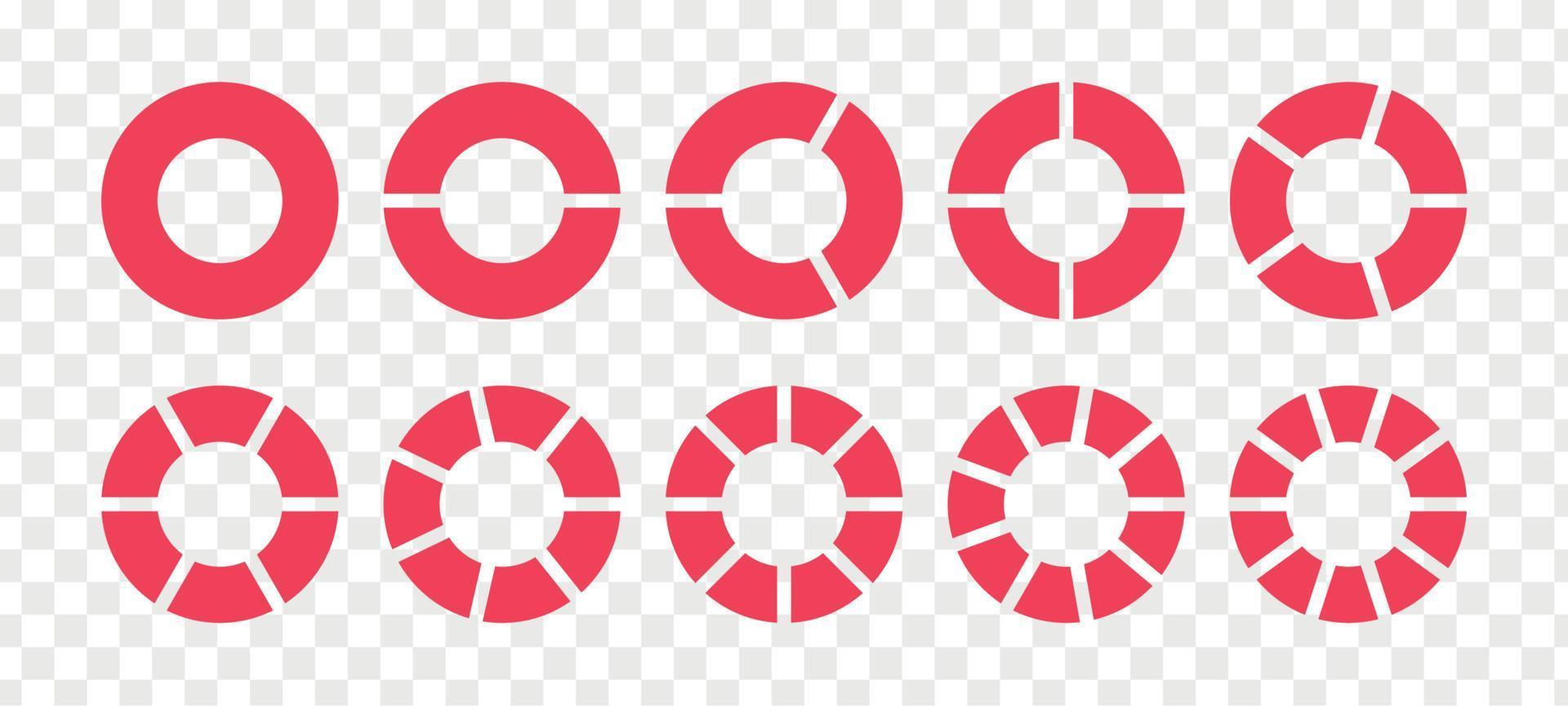 fraktioner paj dividerat för matematik. röd cirkel paj med bitar. segmentet skiva uppsättning. enkel geometri. vektor isolerat illustration