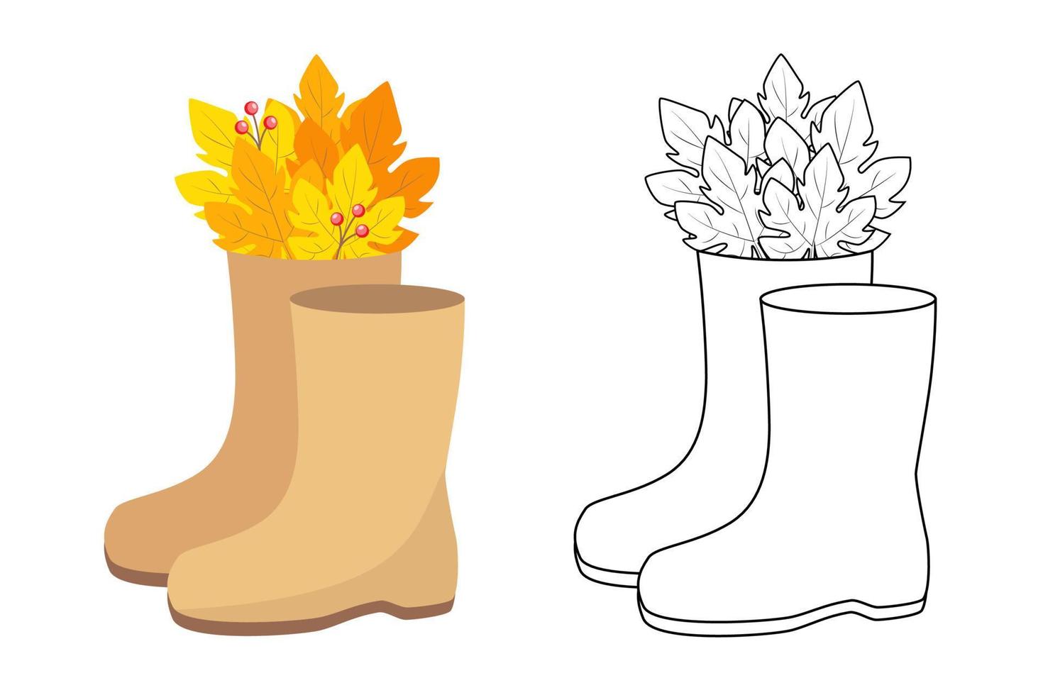 Gummistiefel. Vektor-Illustration Blätter im Herbst und Beeren auf weißem Hintergrund. Strichzeichnung von Stiefeln mit Blumenstrauß. Malseite. vektor