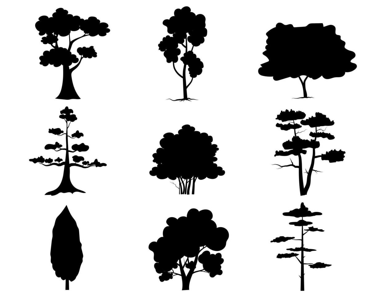 schwarzer Astbaum oder nackte Bäume Silhouetten gesetzt. handgezeichnete isolierte illustrationen. vektor