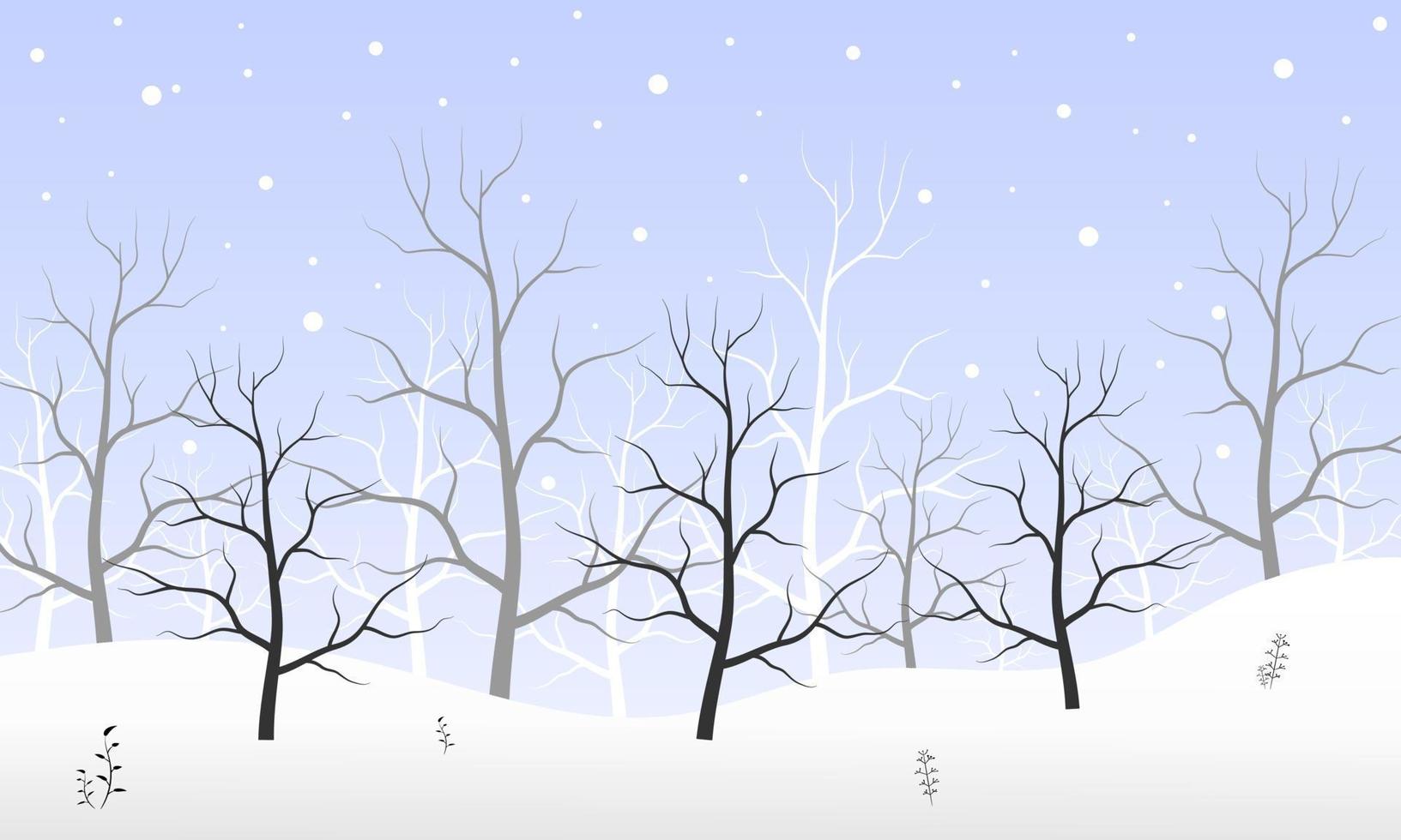 schwarzer und verzweigter Baumwaldhintergrund und Schneien für Wintersaisonkonzept. handgezeichnete isolierte illustrationen. vektor