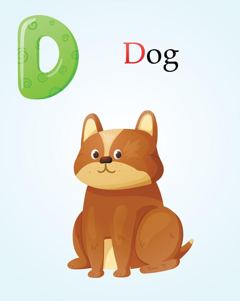 kinderfahnenschablone mit englischem alphabetbuchstabe d und karikaturbild eines niedlichen sitzenden hundehaustiers. vektor