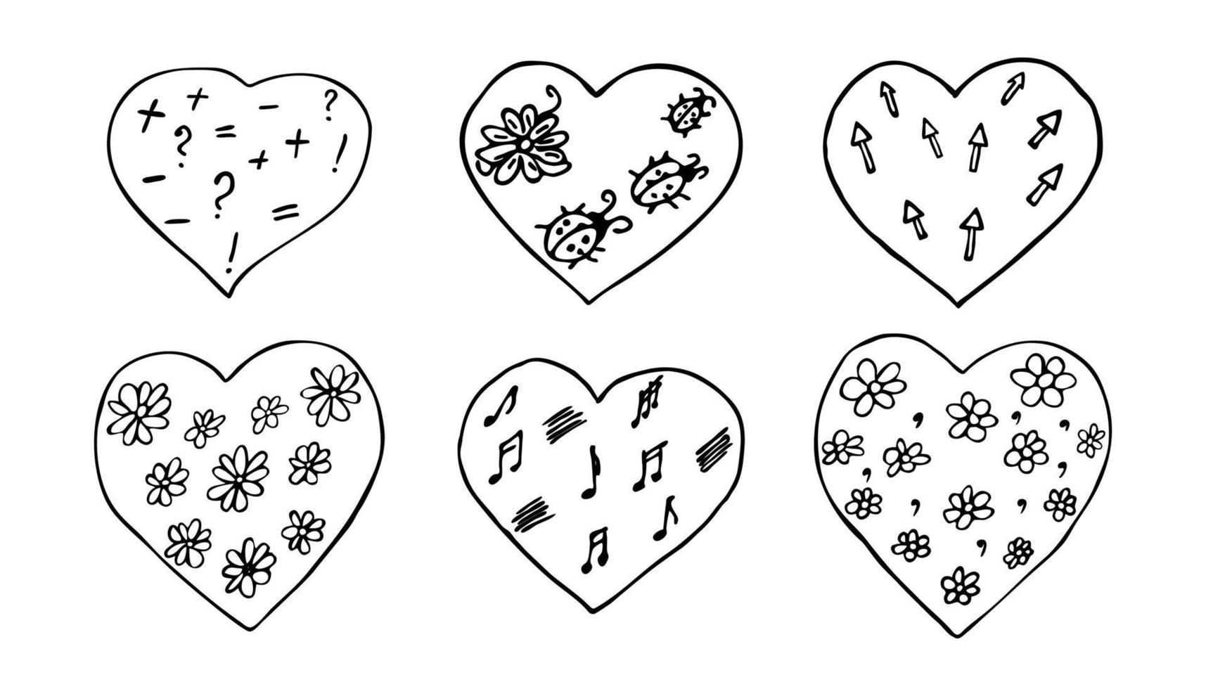 Vektor-Doodle-Herzen zum Ausmalen. handgezeichnete sechs herzformen mit blumen und dekorativen elementen. vektor