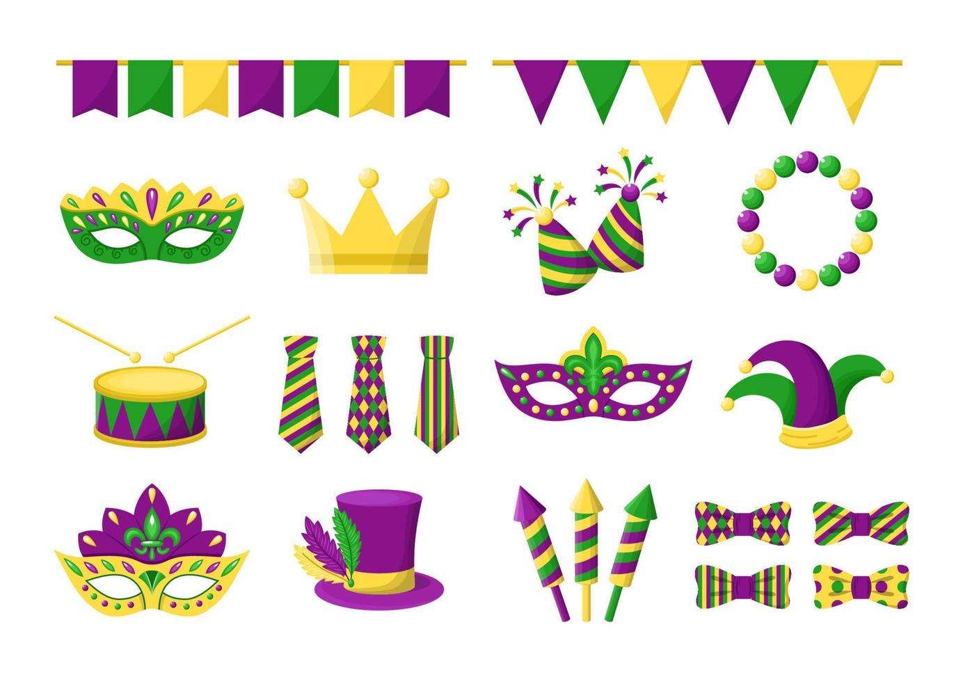 Sammlung von Vektor-Karikaturelementen für Mardi Gras. isolierte karnevalselemente von new orlean in lila, grünen und gelben farben vektor